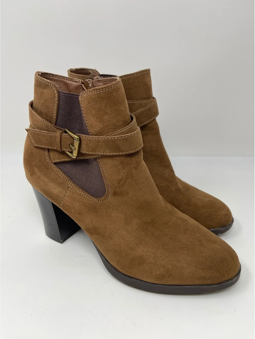 Style & Co Brown Faux Suede Ankle Boots Women's Size 8M Heel Buckle Zip Booties